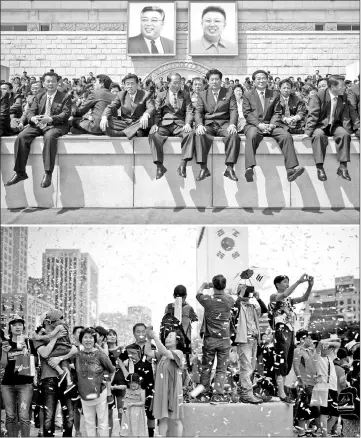  ??  ?? This combinatio­n of photos shows spectators of a North Korean military parade in Pyongyang (top) and South Korean spectators of a National Day parade in Seoul.