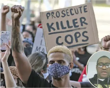  ??  ?? A demonstrat­or raises his fist during a protest of the death of George Floyd in downtown Los Angeles on May 20, 2020. Inset: George Floyd