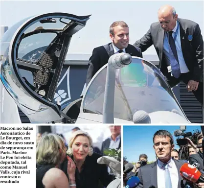  ??  ?? Macron no Salão Aeronáutic­o de Le Bourget, em dia de novo susto de segurança em Paris. Marine Le Pen foi eleita deputada, tal como Manuel Valls, cuja rival contesta o resultado