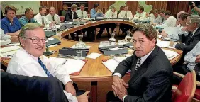  ?? PHOTO: STUFF ?? A blast from the past: Prime Minister Jim Bolger and Deputy Prime Minister Winston Peters pose at the start of a Cabinet meeting in 1997.