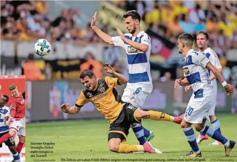  ?? FOTO: ANSPACH/DPA
FOTO: EISENHUTH/DPA ?? Stürmer Kingsley Onuegbu (links) steht morgen in der Startelf
Die Zebras um Lukas Fröde (Mitte) zeigten im Hinspiel eine gute Leistung, zahlten aber auch Lehrgeld.