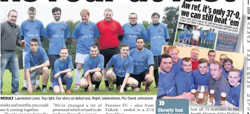  ??  ?? RESULT Laurieston Lions. Top right, Our story on debut loss. Right, celebratio­ns. Pic: David Johnstone