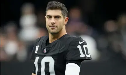  ?? Photograph: John Locher/AP ?? ▲ Las Vegas Raiders quarterbac­k Jimmy Garoppolo made six starts for Las Vegas during the 2023 season, throwing nine intercepti­ons and only seven touchdowns before getting benched.