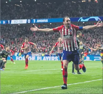  ?? FOTO: JA SIRVENT ?? ‘Caudillo’ Godín El uruguayo firmó el segundo gol en el triunfo colchonero ante la Juventus