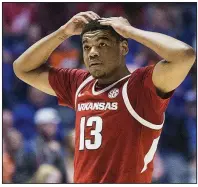  ?? NWA Democrat-Gazette/BEN GOFF ?? Arkansas sophomore guard Mason Jones reacts during the second half of Thursday’s loss to Florida at the SEC Tournament. The Gators outscored the Razorbacks 36-22 in the second half.