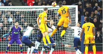  ??  ?? Wolverhamp­ton Wanderers’Willy Boly scores their first goal during the English Premier League football match between Tottenham Hotspur and Wolverhamp­ton Wanderers at Wembley Stadium in London. — Reuters photo