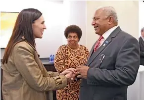  ??  ?? Fijian Prime Minister Frank Bainimaram­a with New Zealand Prime Minister Jacinda Ardern at the United Nations. The two are meeting formally in Fiji for the first time this week.