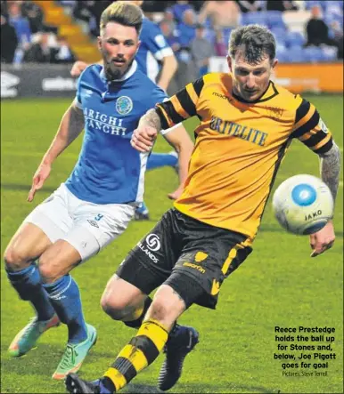  ?? Pictures: Steve Terrell ?? Reece Prestedge holds the ball up for Stones and, below, Joe Pigott goes for goal