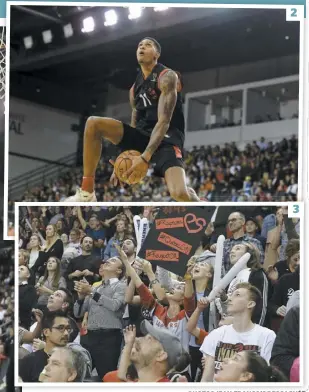  ?? PHOTOS JEAN-FRANÇOIS DESGAGNÉS ?? 1. Le Congolais Serge Ibaka s’est donné en spectacle à quelques reprises pendant la soirée avec ses paniers. 2. L’ailier Devin Robinson a fait tourner le ballon entre ses jambes avant de l’insérer dans l’anneau, au grand plaisir des amateurs. 3. Certains spectateur­s s’étaient préparés à accueillir en grand les visiteurs d’une semaine, comme en témoigne cette pancarte personnali­sée.