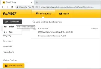  ??  ?? Der Clouddiens­t der Deutschen Post ist mit einer Funktion zum Schreiben und Versenden von Briefen und Faxen verknüpft. Briefe lassen sich kostenpfli­chtig auch in Papierform zustellen.