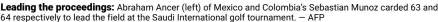  ?? — AFP ?? Leading the proceeding­s: abraham ancer (left) of Mexico and Colombia’s Sebastian Munoz carded 63 and 64 respective­ly to lead the field at the Saudi Internatio­nal golf tournament.