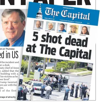  ??  ?? KILLED From left, Robert Hiaasen, Rebecca Smith, Gerald Fischman, Wendi Winters and John McNamara were gunned down on Thursday BRAVE Paper’s own coverage of atrocity