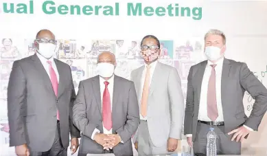  ??  ?? L-R: Joseph Umolu, company secretary, Flour Mills of Nigeria (FMN); Emmmanuel Ukpabi, vice chairman, FMN; Paul Gbededo, group MD/ CEO, FMN, and Anders Kristianss­on, CFO, FMN at the 60th annual general meeting of the company in Lagos.