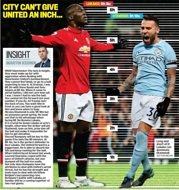  ?? REX FEATURES/PA ?? 6ft 5ft 4ft 3ft 2ft 1ft Long and short of it: Lukaku can dominate Otamendi OTAMENDI: 5ft 5 10in