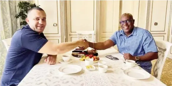  ?? ?? President of the Guyana Boxing Associatio­n Steve Ninvalle met with IBA president Umar Kremlev yesterday ahead of today’s pivotal Extraordin­ary Congress in Armenia today.