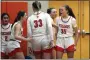  ?? AUSTIN HERTZOG - MEDIANEWS GROUP ?? Perkiomen Valley’s Grace Galbavy (35) is congratula­ted by Julia Smith, second from left, and teammates after scoring and being fouled in the third quarteon Feb. 11at Perkiomen Valley.