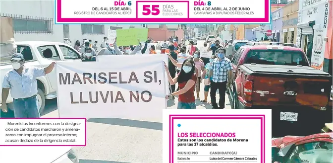  ??  ?? • Morenistas inconforme­s con la designació­n de candidatos marcharon y amenazaron con impugnar el proceso interno; acusan dedazo de la dirigencia estatal.