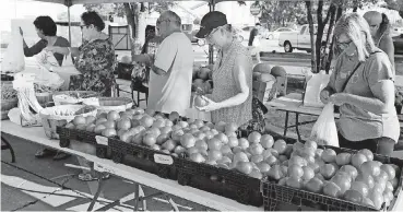  ?? [PHOTOS BY PAUL HELLSTERN, THE OKLAHOMAN] ?? Shoppers check out TG Farms’ produce at Edmond’s farmers market.