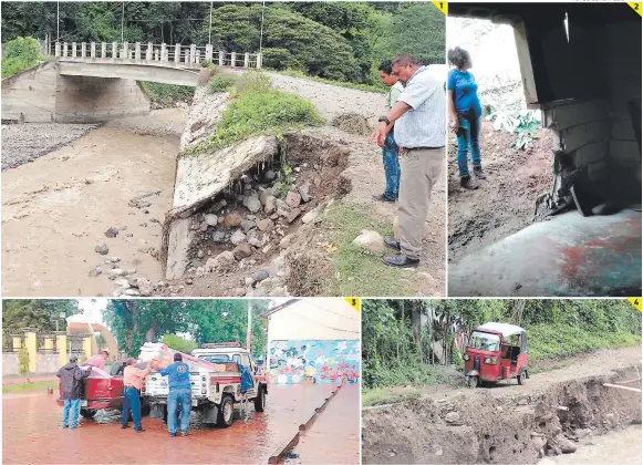  ?? FOTOS: EL HERALDO ?? 2 (1) La base del puente del barrio La Jutosa ha sido socavada por las lluvias. (2) La señora María Ramírez, de la colonia Bella Vista, perdió su casa tras un derrumbe. (3) Empleados de Copeco llevaron ayuda humanitari­a a la aldea Santa Cruz del Dulce,...