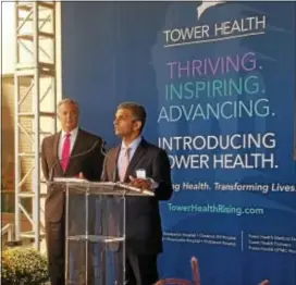  ?? DONNA ROVINS — DIGITAL FIRST MEDIA ?? Amit Powar, executive vice president and CEO of Tower Health Medical Group, right, speaks during a celebratio­n at Pottstown Hospital Monday. Celebratio­ns were held at the five area hospitals that on Friday became part of Tower Health. Pottstown...