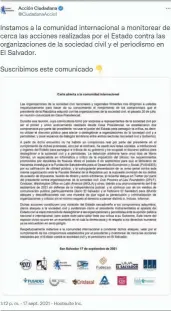  ??  ?? Tuit. En redes sociales, las organizaci­ones publicaron el comunicado con el que piden que Nayib Bukele cumpla los acuerdos .