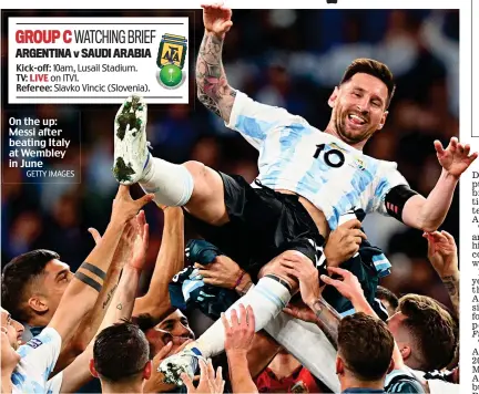  ?? GETTY IMAGES ?? On the up: Messi after beating Italy at Wembley in June