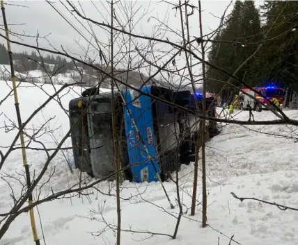  ?? FOTO: LEIF WIKSTRÖM ?? ■
HRT:s buss välte i diket i går morse på Massbyväge­n i Sibbo.