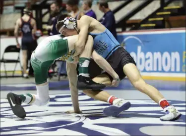  ?? ROD JAMES - FOR MEDIANEWS GROUP ?? Gavin Richard (DB) scores an early takedown against Josh Miller of Central Dauphin in Semifinal action at the Southeast AAA Regional. Richard lost the match but wrestled back to finish 4th and qualify for states.