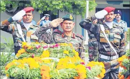  ?? HT PHOTO ?? Northern Command chief Lieutenant General Upendra Dwivedi paying tributes to the four soldiers killed in action while repulsing a terror attack in Rajouri, in Jammu on Friday.