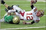  ?? Steven Eckhoff / Rome News-Tribune ?? Rome quarterbac­k Knox Kadum is caught by Buford’s Chee Anyanwu as he prepares to stretch for the end zone to score on a 28-yard run in the third quarter of the Class 5A state championsh­ip game Friday at the Georgia Dome.