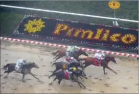  ?? NICK WASS — THE ASSOCIATED PRESS ?? Justify, with Mike Smith atop (7), wins the 143rd Preakness Stakes on Saturday in Baltimore. Bravazo, with Luis Saez aboard (8), is second and Tenfold with Ricardo Santana Jr. atop (6) is third.