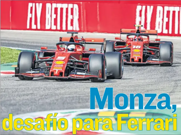  ??  ?? Sebastian Vettel, delante, y Charles Leclerc, detrás, negocian una de las chicanes del circuito de Monza durante el GP de Italia de 2019, que ganó el piloto monegasco.