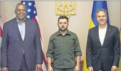  ?? AP ?? President Volodymyr Zelensky with US secretary of defence Lloyd Austin and secretary of state Antony Blinken in Kyiv on Sunday.