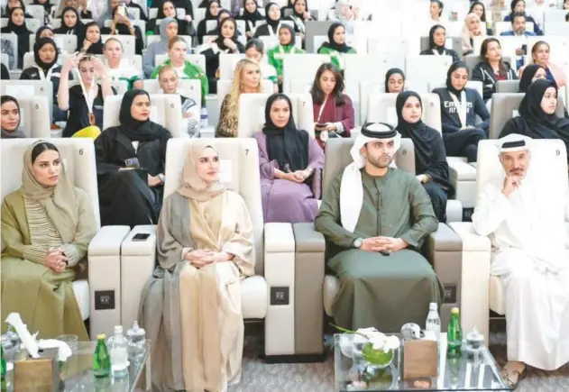  ?? ?? ↑
Sheikh Mansoor, Saeed Hareb, Hala Badri and other dignitarie­s at the award ceremony of the 10th Sheikha Hind Women’s Sports Tournament.