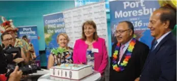  ??  ?? VIP occasion (from right) Air Niugini chairman, Sir Frederick Reiher; PNG’s prime minister, Peter O’Neill; the mayor of Townsville, Jenny Hill, in Townsville for the first flight.