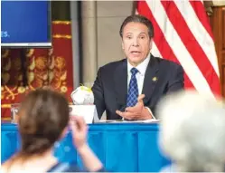  ?? DARREN MCGEE/OFFICE OF GOVERNOR ANDREW M. CUOMO VIA AP ?? New York Gov. Andrew Cuomo addresses the media during his daily press briefing on April 24.