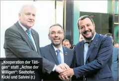  ??  ?? „Kooperatio­n der Tätigen“statt „Achse der Willigen“: Seehofer, Kickl und Salvini (r.)