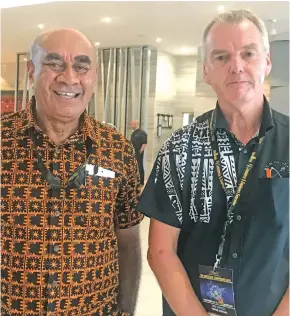  ?? Photo: Charles Chambers ?? Joseph Rodan and Mike Spencer of Paradise Beverages at the TOPEX Conference at Pullman Nadi Bay Resort yesterday.