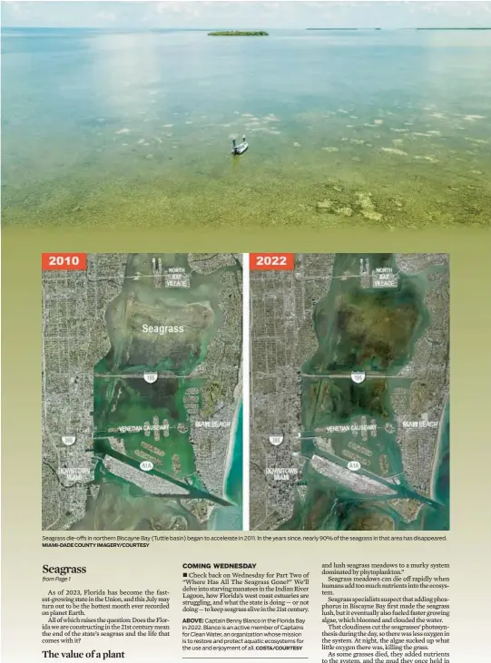  ?? MIAMI-DADE COUNTY IMAGERY/COURTESY ?? Seagrass die-offs in northern Biscayne Bay (Tuttle basin) began to accelerate in 2011. In the years since, nearly 90% of the seagrass in that area has disappeare­d.