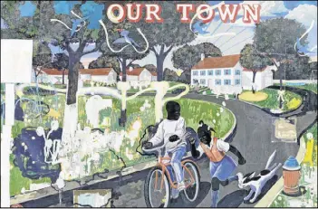  ??  ?? This Kerry James Marshall’s 1995 acrylic and collage on canvas is titled “Our Town” and is part of an exhibit at the National Gallery of Art. The exhibit focuses on African-American history, from slavery to civil rights and contempora­ry suburban life.