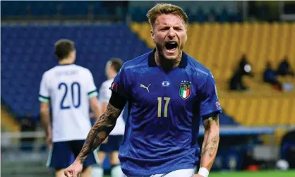  ?? Photograph: Alessio Marini/PA ?? Italy’s Ciro Immobile celebrates his strike against Northern Ireland.