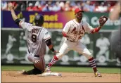  ?? SCOTT KANE — THE ASSOCIATED PRESS ?? St. Louis Cardinals shortstop Edmundo Sosa (63) forces out against San Francisco Giants' Brandon Belt at second during the fifth inning of a baseball game Saturday in St. Louis.