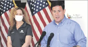  ?? PHOTO BY HOWARD FISCHER/CAPITOL MEDIA SERVICES ?? GOV. DOUG DUCEY EXPLAINS WHY HE THINKS it’s OK to attend large political rallies with people not wearing masks even as Cara Christ, his own health director, warns of the risks of spread of COVID-19 at these events.