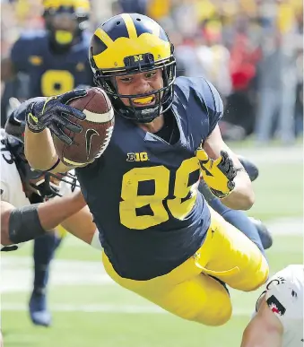  ?? LEON HALIP/GETTY IMAGES ?? Grant Perry of the Michigan Wolverines dives into the end zone for a third-quarter touchdown against the Cincinnati Bearcats at Michigan Stadium on Saturday.