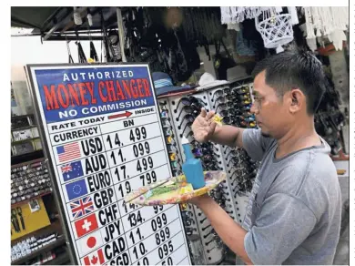  ?? — Reuters ?? Weak currency: A Balinese man makes a Hindu offering outside a shop which offers currency exchange services in Kuta. The rupiah weakened past 15,000 per US dollar for the first time in 20 years as sentiment toward emerging-nation assets soured and oil prices jumped.