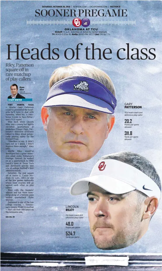  ?? [PHOTO ILLUSTRATI­ON BY THE OKLAHOMAN] ?? LINCOLN RILEY OU head coach and offensive play caller 48.0 Points per game 524.7 Yards per game GARY PATTERSON TCU head coach and defensive play caller 20.2 Points per game allowed 311.8 Yards per game allowed