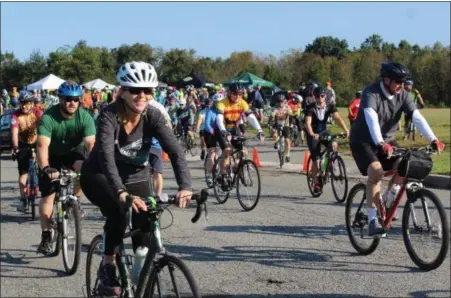  ?? PHOTOS COURTESY OF MIICA PATTERSON ?? Hundreds of cyclists start from Circle of Progress Drive in Pottstown as they participat­e in the 3rd Annual Ride for the River on Sept. 29. The cycling event had a 16-mile and 40-mile option along the Schuylkill River Trail.