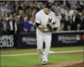  ?? THE ASSOCIATED PRESS ?? New York Yankees starting pitcher Masahiro Tanaka reacts after striking out the Houston Astros’ Josh Reddick during the fifth inning of Game 5.