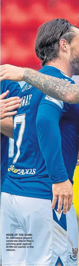  ??  ?? MORE OF THE SAME: St Johnstone players celebrate Stevie May’s winning goal against St Mirren earlier in the season.