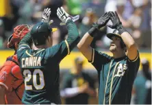  ?? Ben Margot / Associated Press ?? Mark Canha meets Chad Pinder at the plate after Pinder’s two-run home run gave the A’s a 2-1 lead in the fifth inning.